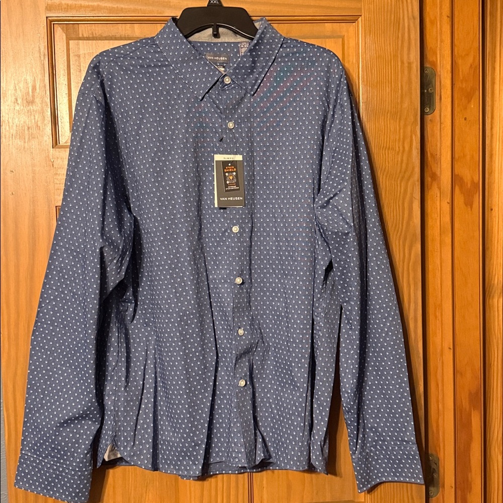 Van Heusen Never Tuck Navy Button-Up with White Dots